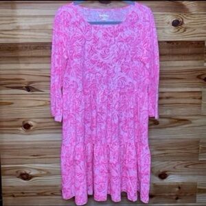 LILLY PULITZER GEANNA 3/4 SLEEVE PINK BLOSSOM FOXY LLAMA TWIRL TIERED DRESS Med